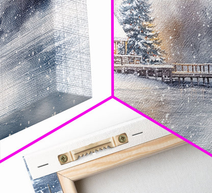 Christmas winter cabin Framed Canvas Print snowy lakeside cabin Christmas tree cozy holiday decor winter wonderland art Christmas wall decor