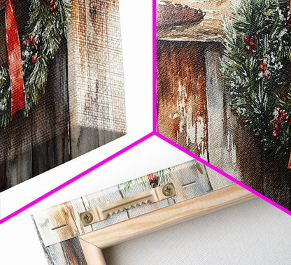 Rustic Wreath Red Ribbon Canvas Print Christmas Door Decor Farmhouse Christmas Wall Art Framed Canvas Print Christmas Outdoor Decor