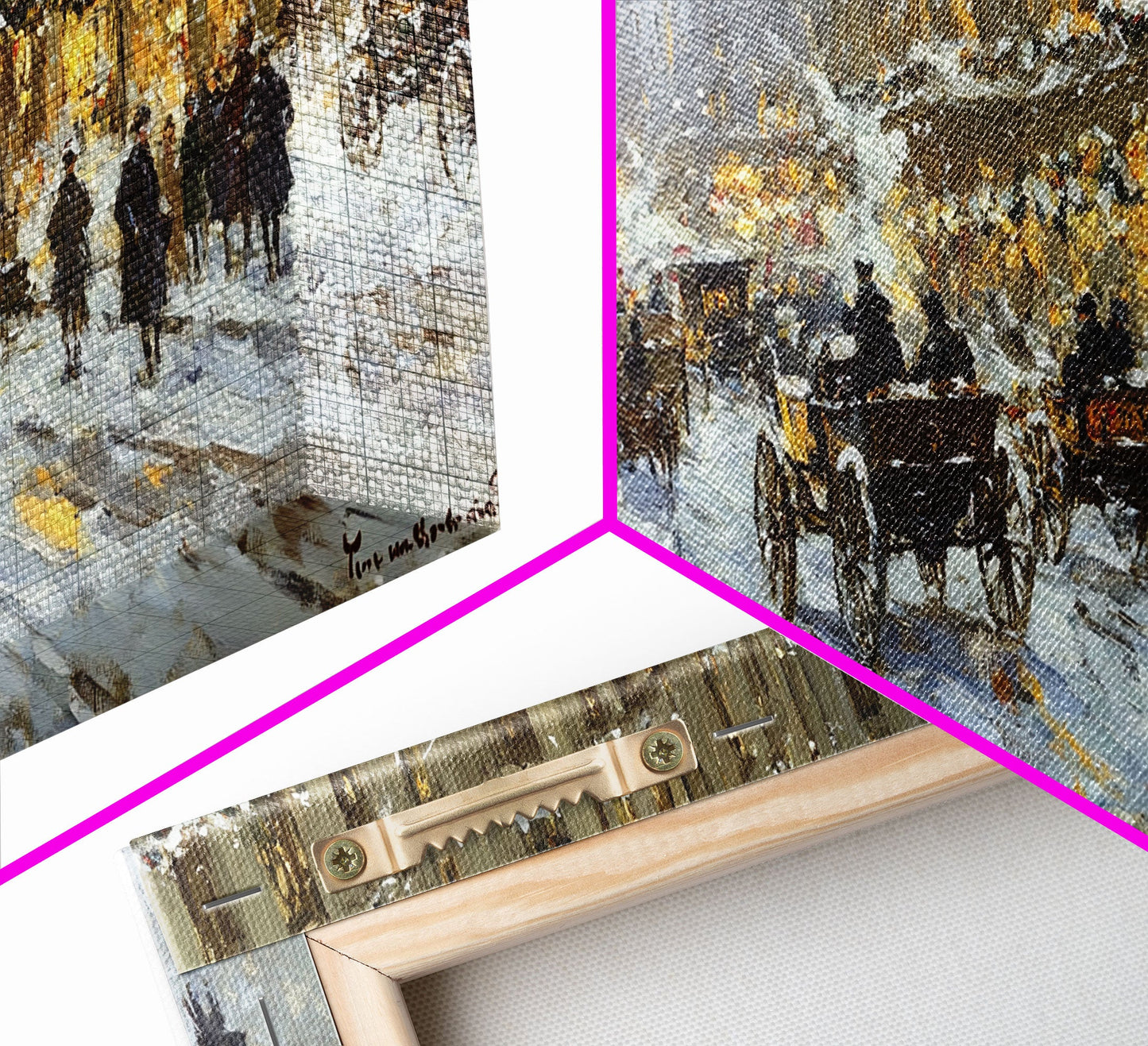 Bustling Christmas Street Scene Tall Art Framed Canvas Print Vintage Winter Holiday Scene With Horse-Drawn Carriages And Festive Lights