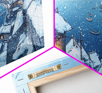 Snowy Village by the Sea, Framed Canvas Print, Nautical Christmas Art, Winter Wonderland, Coastal Christmas Decor, Holiday Wall Print