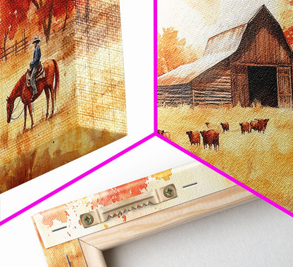 Cowboy on horse in autumn farm scene, framed canvas print, rustic fall decor, farmhouse home decor, cozy autumn landscape art, fall wall art