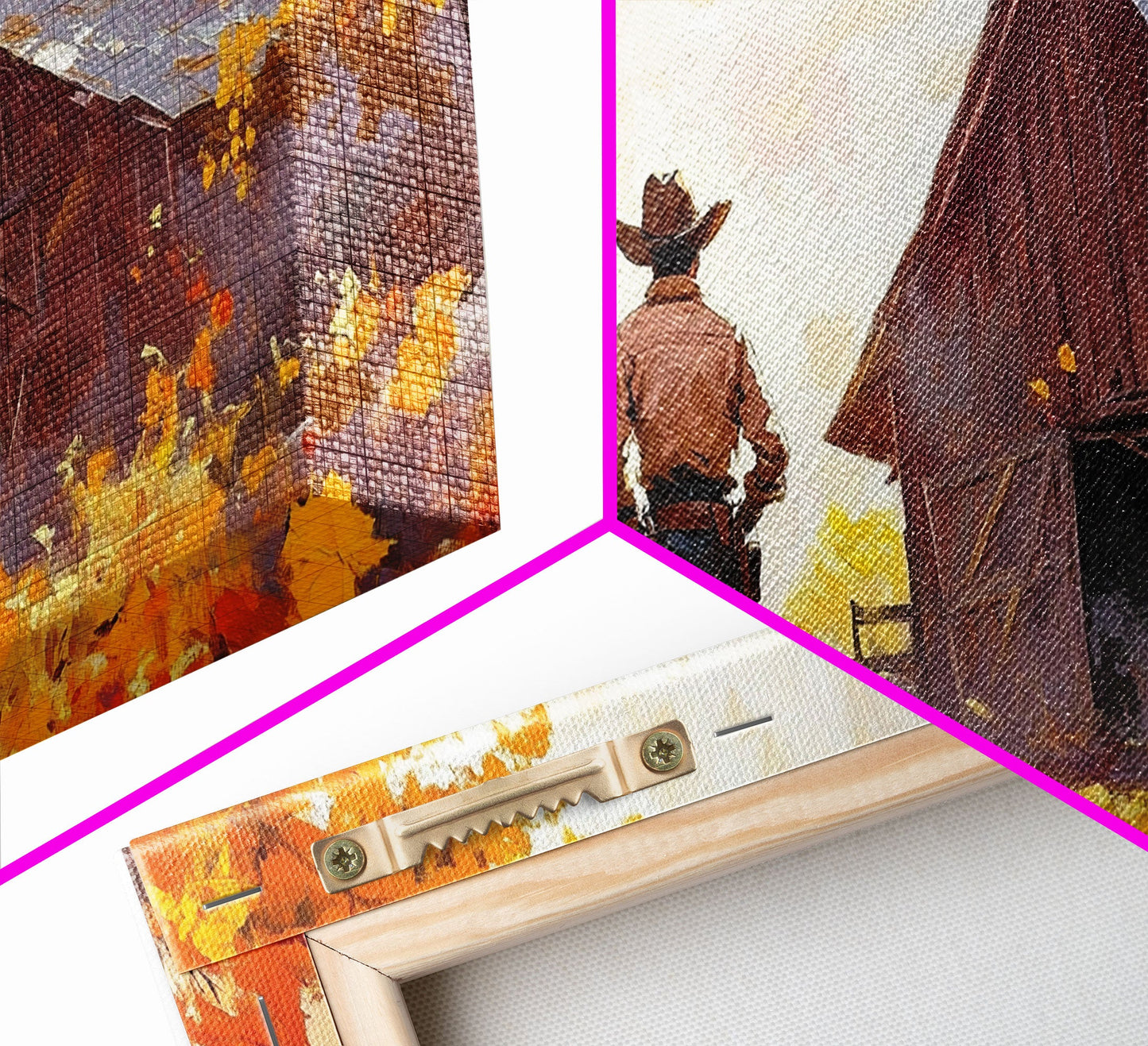 Cowboy and His Barn, Framed Canvas Print, Landscape Art Christmas Cowboy Holiday Art Wall Decor Seasonal