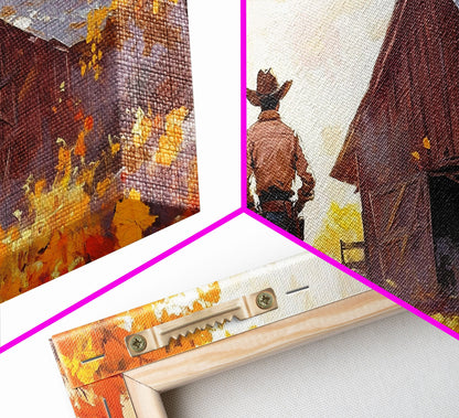Cowboy and His Barn, Framed Canvas Print, Landscape Art Christmas Cowboy Holiday Art Wall Decor Seasonal