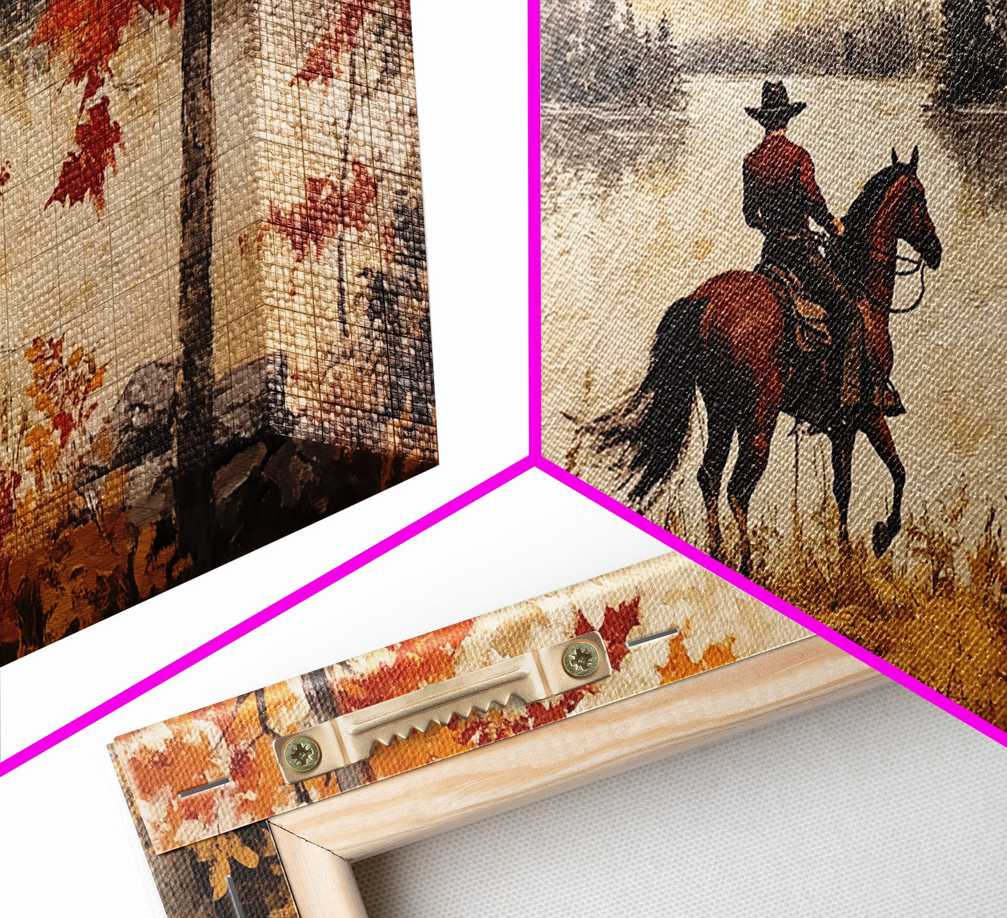 Cowboy on mountainside with red autumn leaves rugged cliffs, Framed Canvas Print, fall landscape wall art, western decor with warm colors