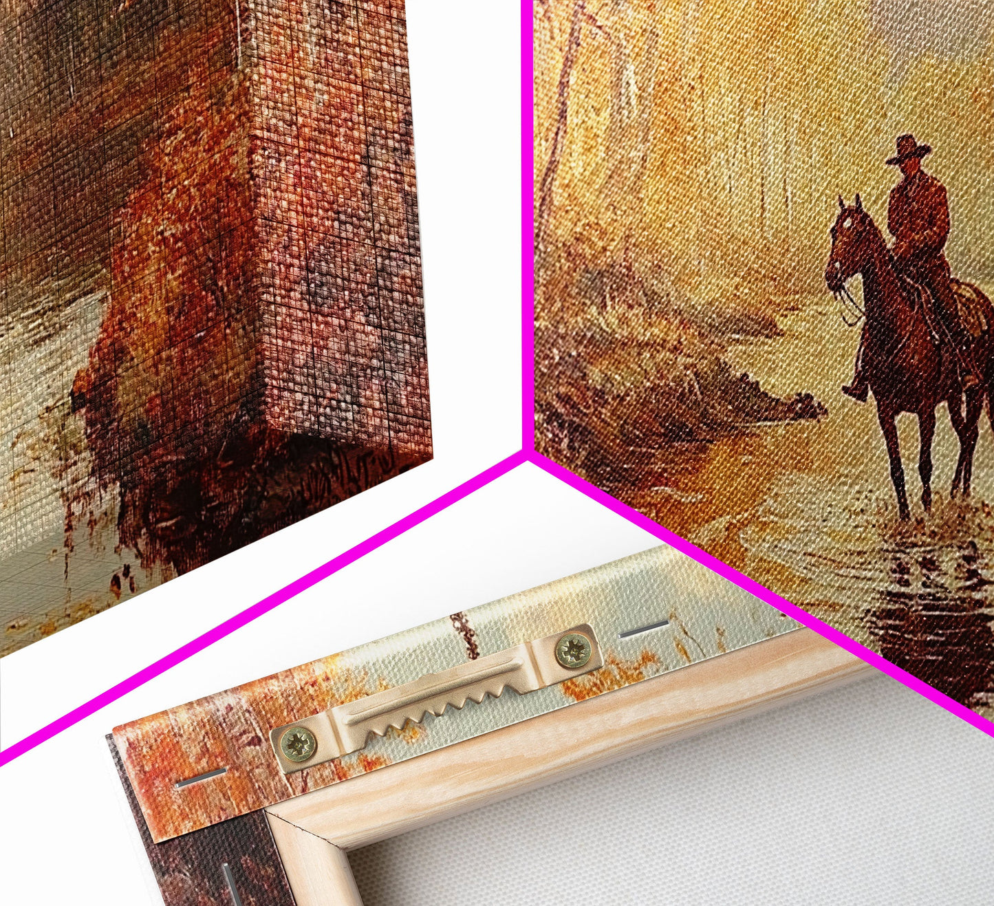 Black white cowboy riding toward snow-covered mountains, Framed Canvas Print, minimalist winter wall art, moody landscape, western decor