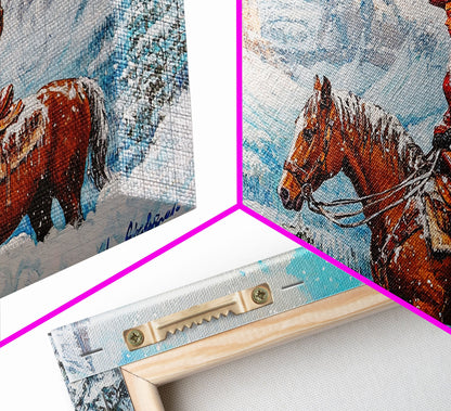 The Rider, Winter Cowgirl Framed Canvas Print, Farmhouse Western Decor, rustic winter wall art for holiday or seasonal decor