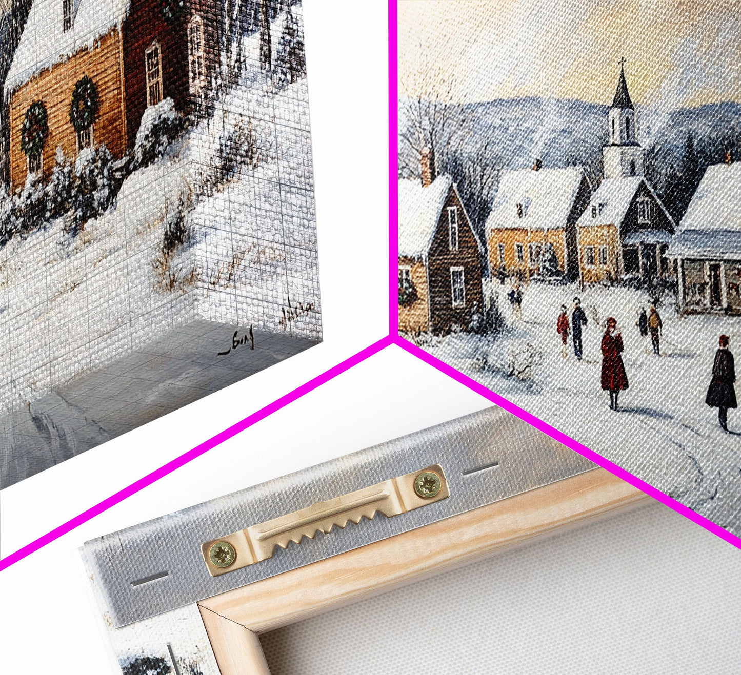 Snowy Village Church Scene, Rustic Christmas Landscape Wall Art, Winter Wonderland Framed Canvas Print, Country Holiday Home Decor