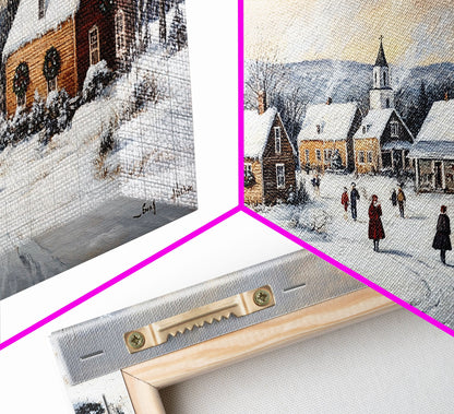 Snowy Village Church Scene, Rustic Christmas Landscape Wall Art, Winter Wonderland Framed Canvas Print, Country Holiday Home Decor