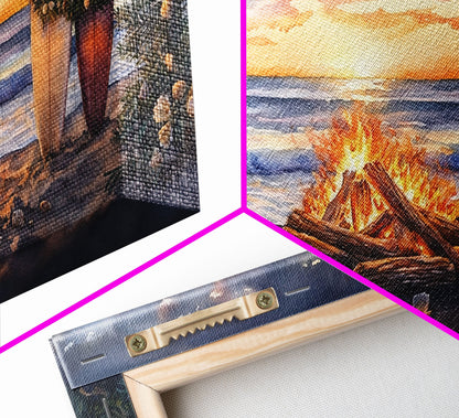 Surfboards With Christmas Garland By Bonfire At Sunset, Tropical Christmas Beach Wall Art, Coastal Holiday Framed Canvas Print