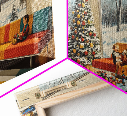Mid century modern Christmas scene with fireplace and tree, retro Christmas decor, framed canvas print, 1960s Christmas home decor