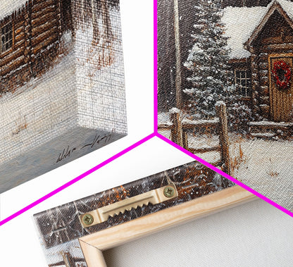 Snowy Log Cabin Christmas Framed Canvas Print, Rustic Winter Wonderland Art, Cozy Holiday Decor, Best Gift Christmas Wall Art