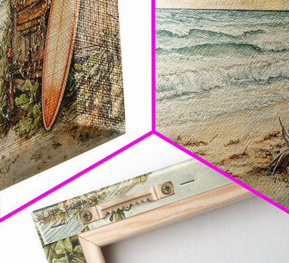 Weihnachtsbaum neben einem rustikalen Strandhaus – Küstenweihnachtsszene – gerahmter Leinwanddruck, weihnachtliche Wanddekoration für den Strand