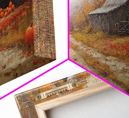 Scenic Country Farmhouse Autumn Harvest Framed Canvas Print with Pumpkins, Rustic Farmhouse Fall Art, Wall Decor, Seasonal Wall Art Gift