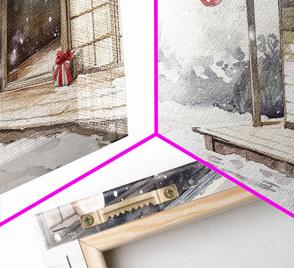 Minimalist Japanese Christmas Scene Framed Canvas Print, Snowy Holiday Decor with Simple Tree and Lantern Perfect Holiday Art