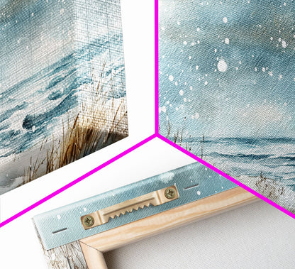 Coastal Christmas Lighthouse Decor Framed Canvas Print, Snowy Beach Scene with Holiday Wreath and Lighthouse Winter Wall Art