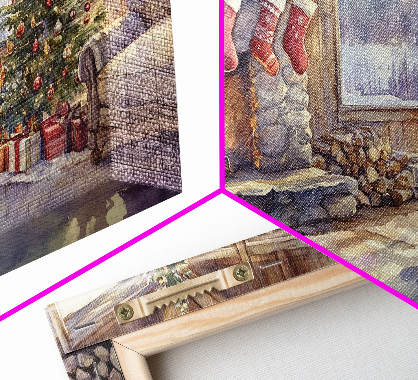 Snowy cabin lake scene at dusk with Christmas lights, Framed Canvas Print with a warm cabin glow, for winter wall art Christmas home decor