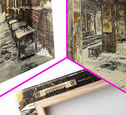 Underground subway station winter scene framed canvas print, snowy platform with festive wreath and urban decay, Christmas display