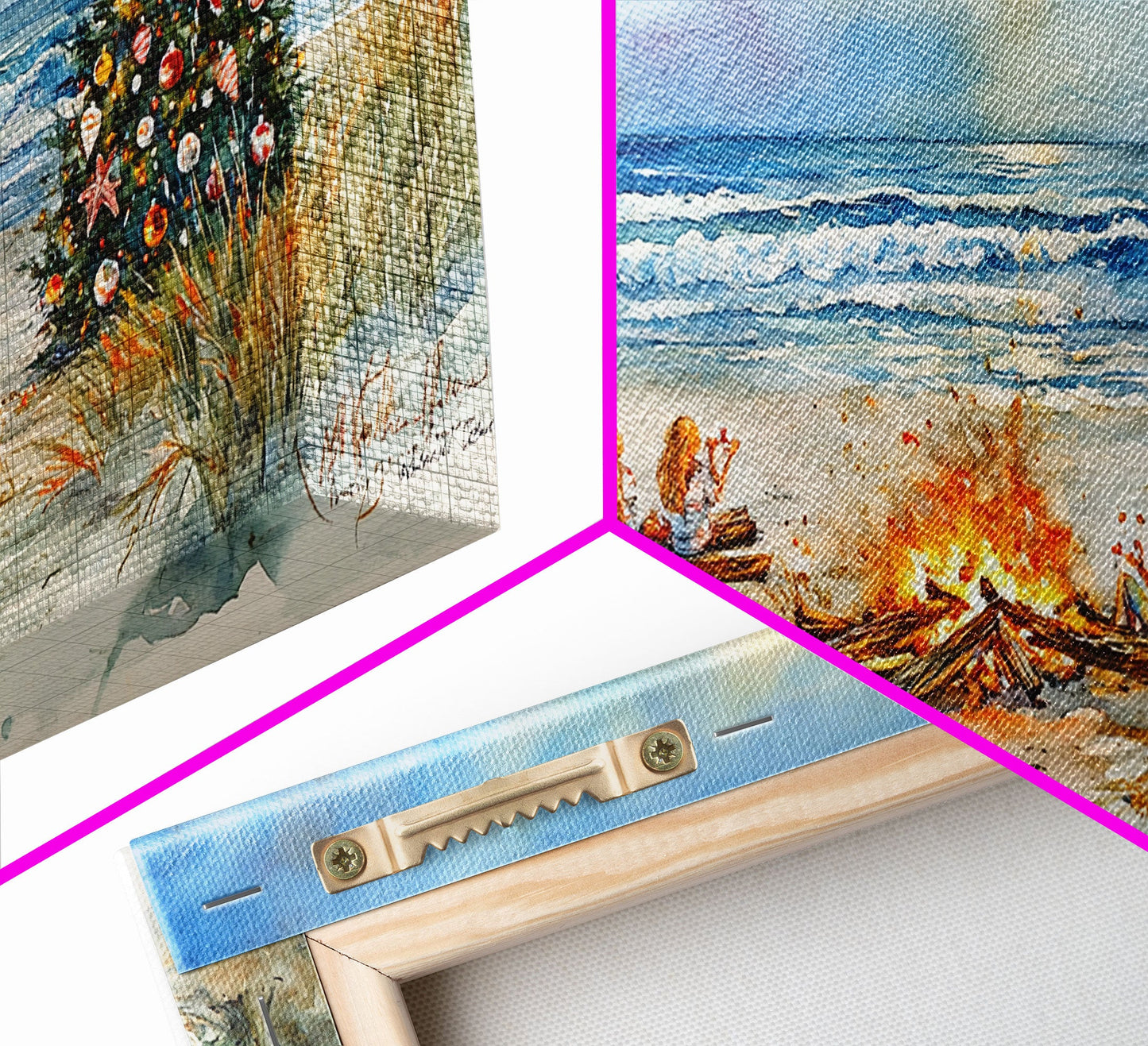 Christmas bonfire on the beach with surfboards and decorated tree, framed canvas print ideal tropical holiday wall art decor