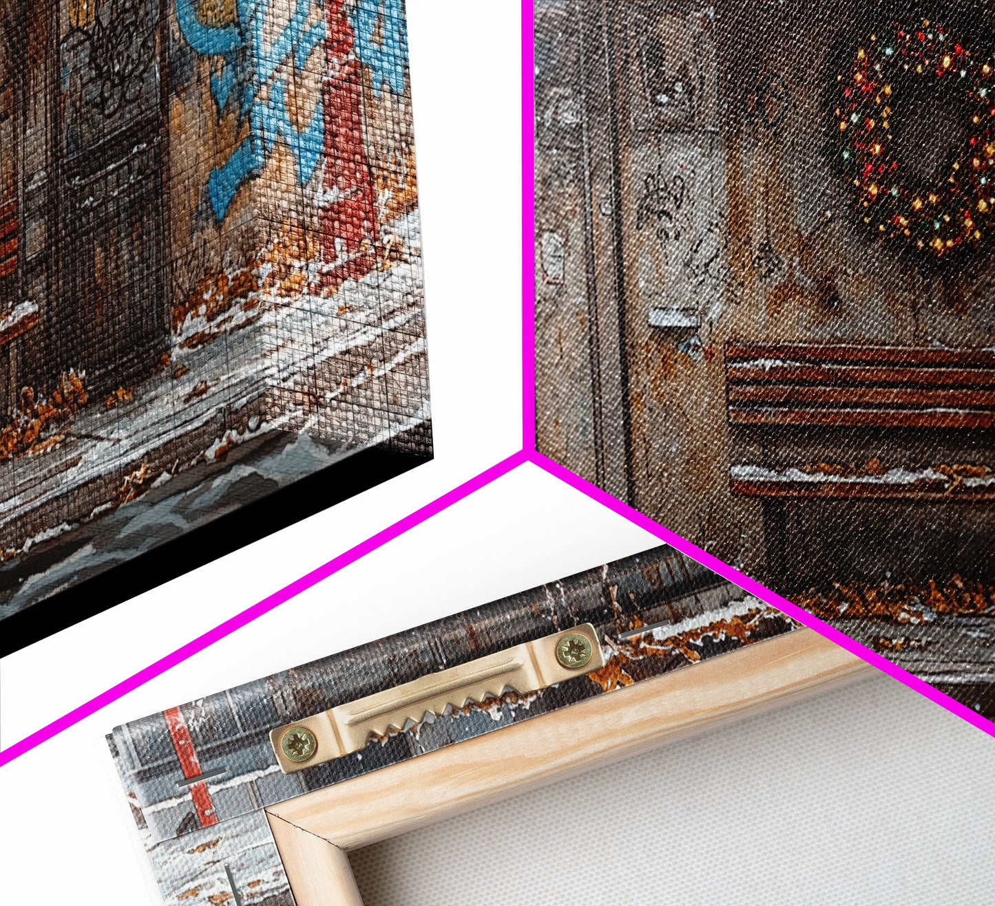 Urban Christmas street scene with wreath on a graffiti wall, framed canvas print perfect moody holiday decor winter wall art