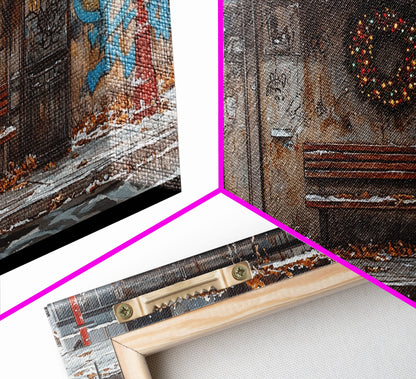 Urban Christmas street scene with wreath on a graffiti wall, framed canvas print perfect moody holiday decor winter wall art