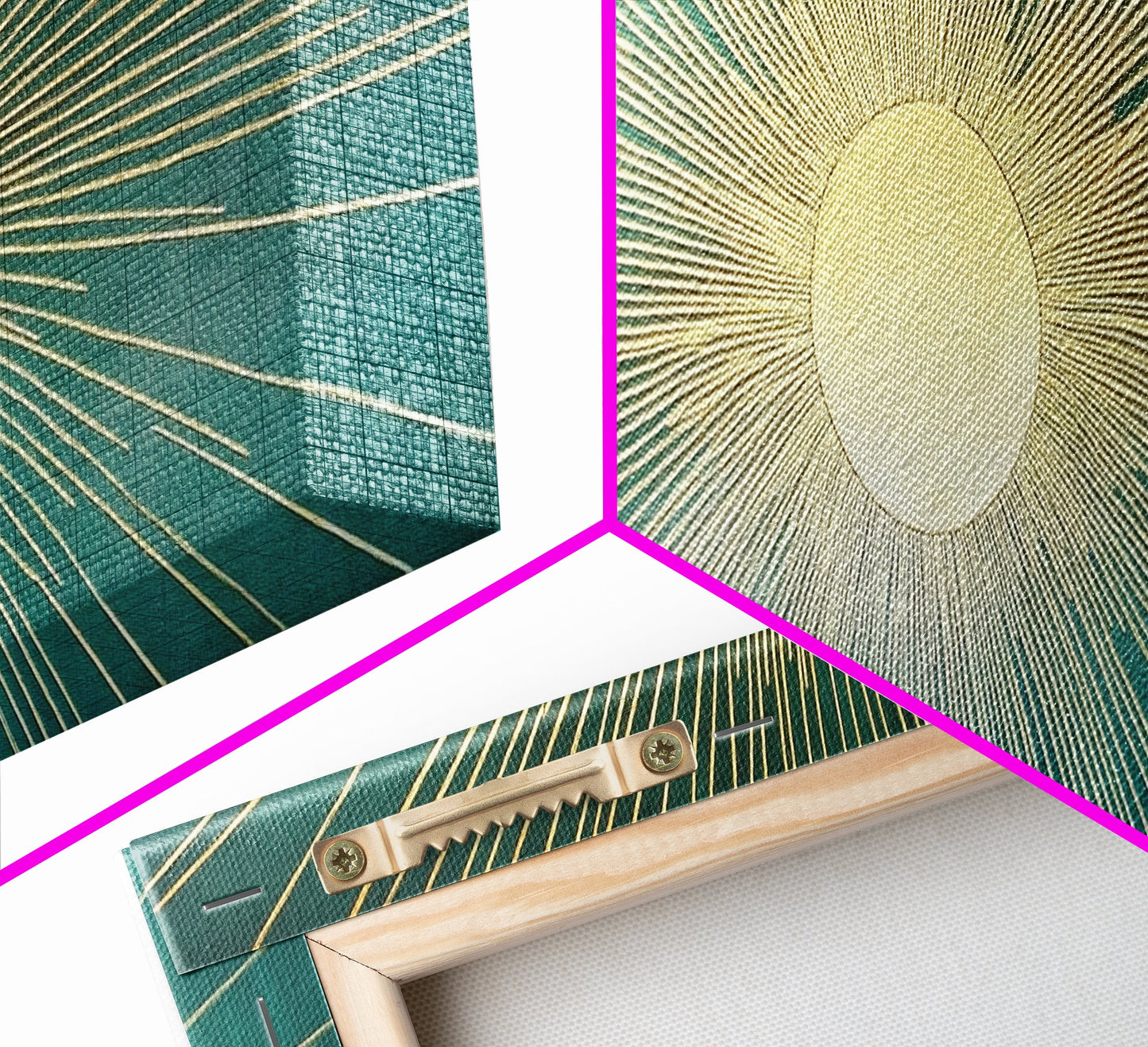 Eclectic Art Deco Sunburst Framed Canvas Print, Boho Style Wall Art, Emerald Green and Gold Extra Wide Art