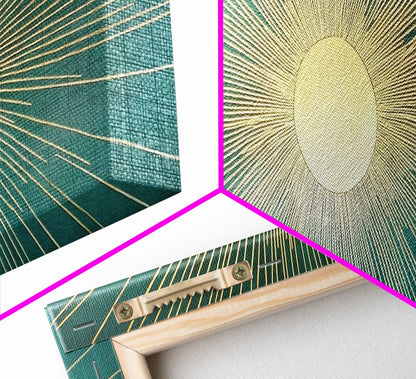 Eclectic Art Deco Sunburst Framed Canvas Print, Boho Style Wall Art, Emerald Green and Gold Extra Wide Art