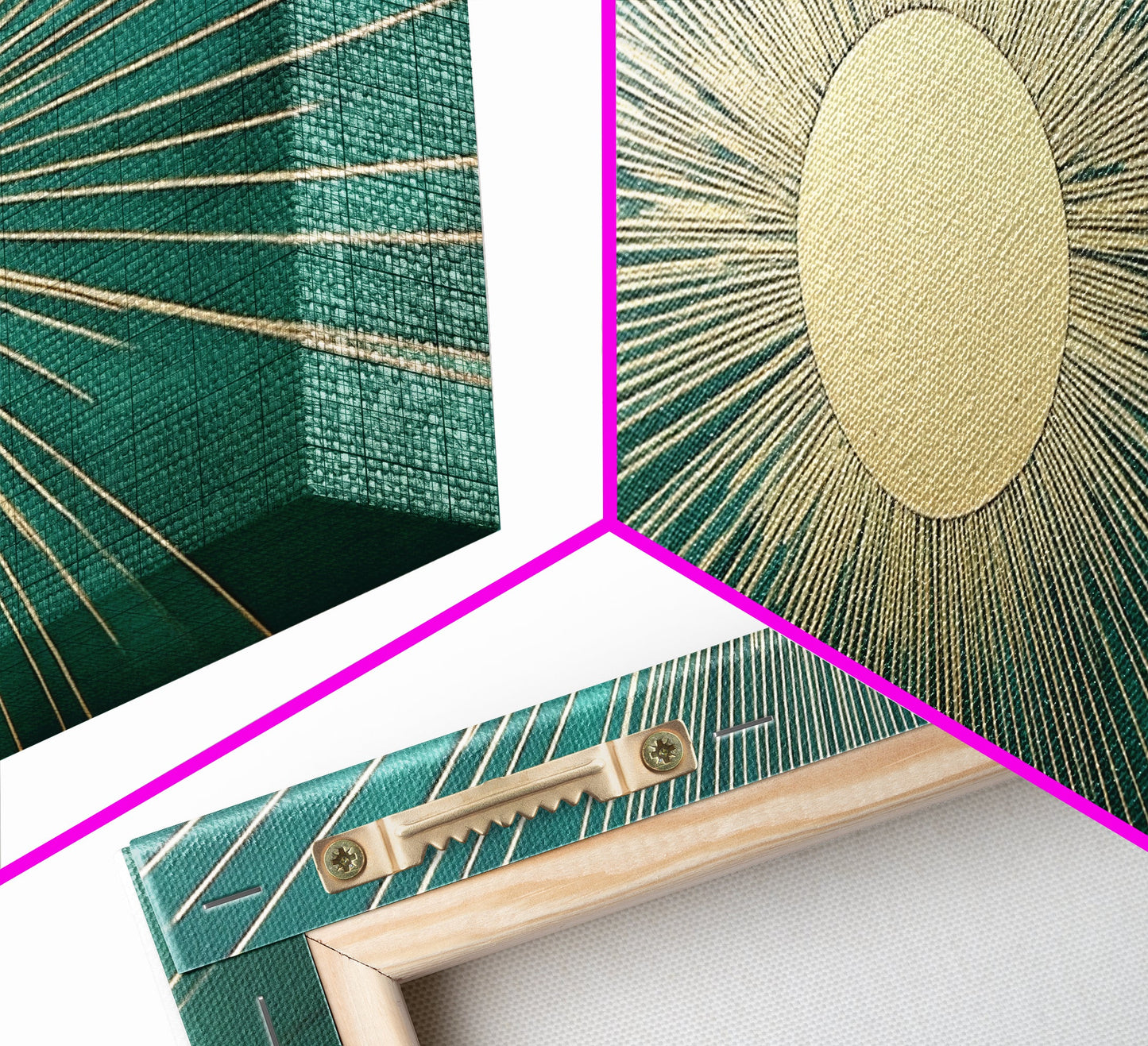 Emerald Green Sun Burst Wall Art, Art Deco Retro Vibes, Eclectic Home Decor, Emerand Green and Gold Horizontal Framed Canvas