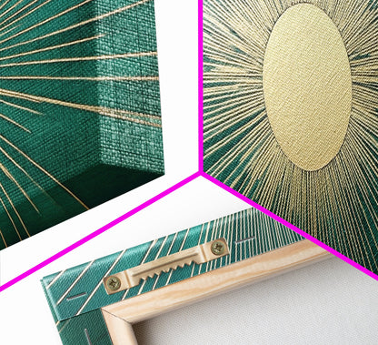 Emerald Green Sun Burst Wall Art, Art Deco Retro Vibes, Eclectic Home Decor, Emerand Green and Gold Horizontal Framed Canvas