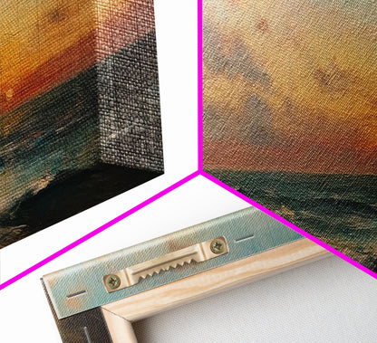 Muted Beach Framed Oil Painting Canvas Print, Minimalist Coastal Decor, Seascape Painting, Long / Horizontal Beach Wall Art, Panoramic Art