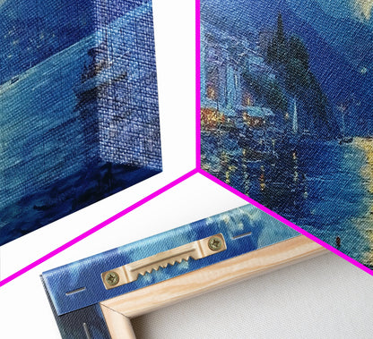 Fishing Village at Midnight Under a Full Moon, Framed Canvas Print, Panoramic Wall Art, Eclectic Boho Home Decor, Wide Oversized Wall Art