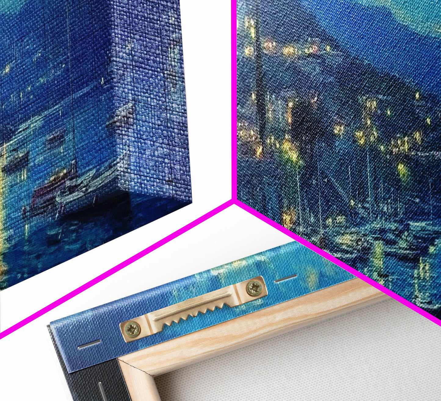 Greece at Midnight - Framed Canvas Print - Greek Fishing Village Under a Full Moon - Boho Wall Art - Moody Landscape Painting