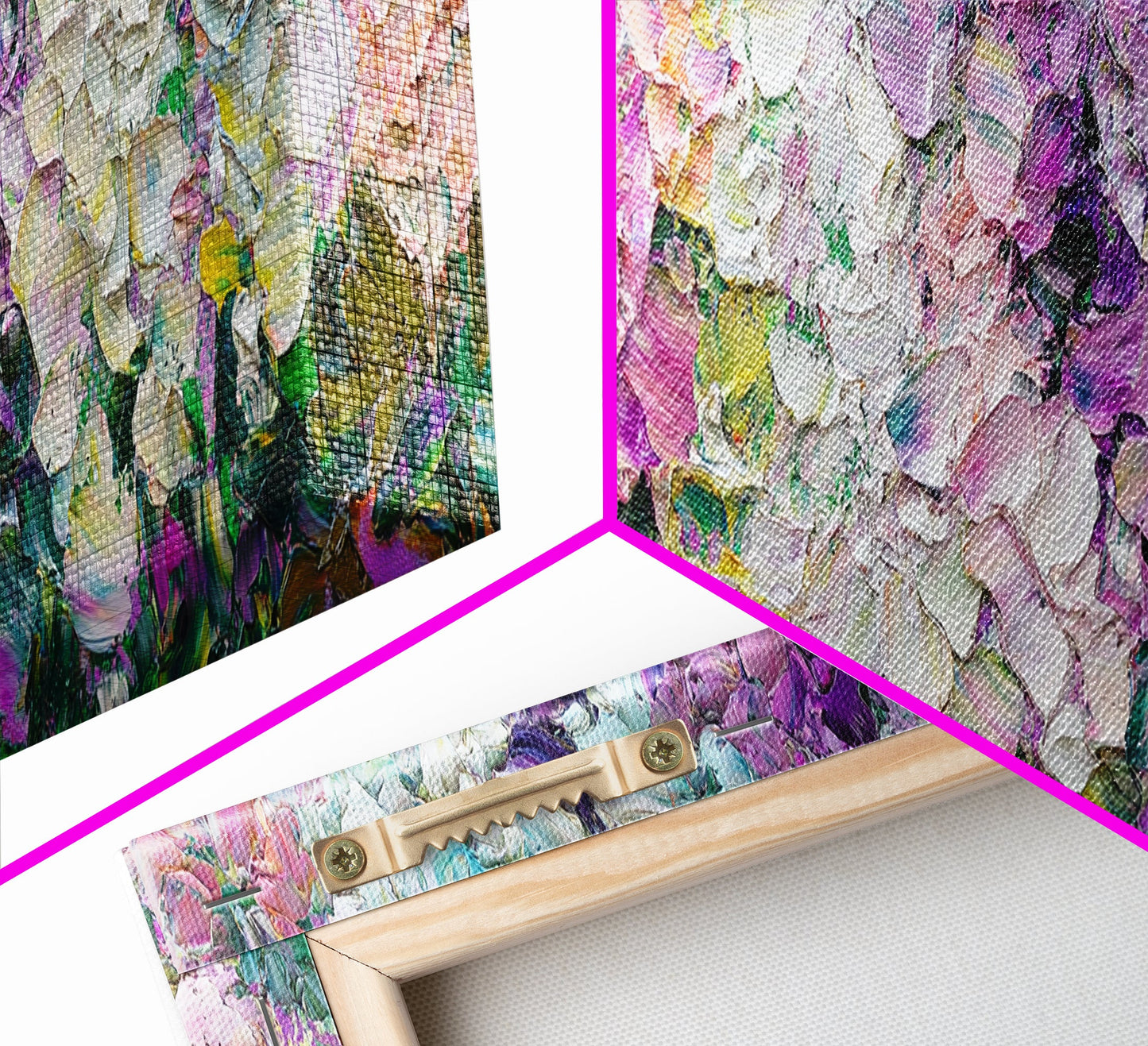 White, Pink and Purple Wild Flowers, Framed Canvas Print, Floral Oil Painting, Abstract Flower Painting, Panoramic Oversized Wall Art
