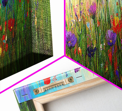 Purple Flowers, Panoramic Floral Print, Framed Canvas Art, Wildflowers Painting Spring Flower Watercolor Art Print, Field of Wildflowers