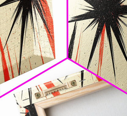Flashes and Light - Framed Canvas Print - Mid-century Modern Rocket Age Inspired Wall Art - Black Stars with Red Streaks