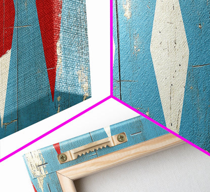 Red & White Diamonds - Framed Canvas Print - Rustic / Distressed MCM Mashup Home Decor - Turquoise Background
