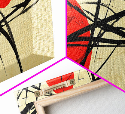 Sun Streaks - 3 Red Suns with Black Streams, Framed Canvas Print, MCM Style Geometric Abstract Wall Art