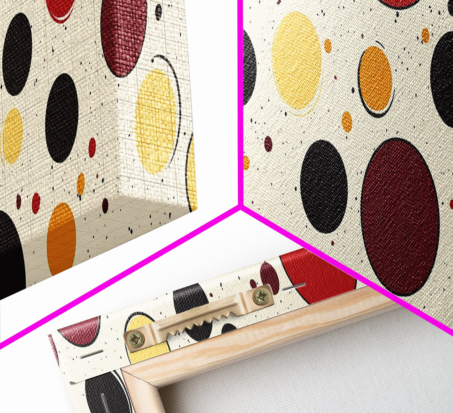 Polka Dots - Framed Canvas Print - MCM Inspired Midcentury-Modern Wall Art - Red, Yellow and Black Dots on a White Background