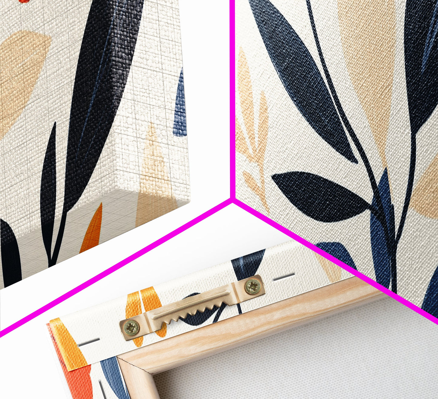 MCM Floral Print, Framed Canvas Art With Wood Frame, Over Sized Extra Wide Art For Above Sofa, Blue flowers on Black Background