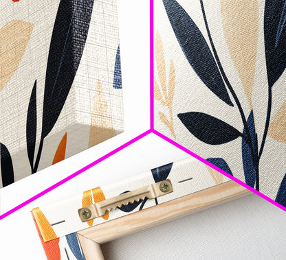 MCM Floral Print, Framed Canvas Art With Wood Frame, Over Sized Extra Wide Art For Above Sofa, Blue flowers on Black Background