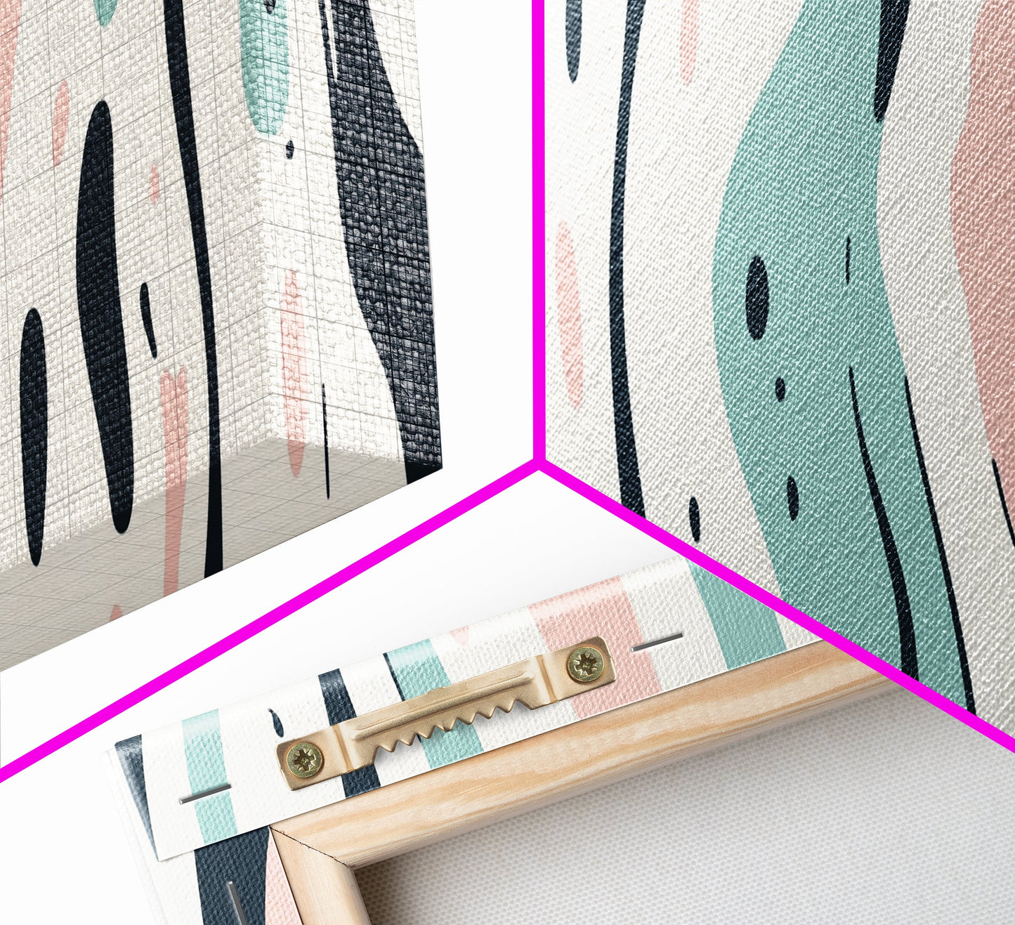 Retro Pink and Turquoise Animal Print Abstract Art, Framed Canvas Print, Wood Framed Extra Large Panoramic Art, 20x60 Art, 24x72 Art