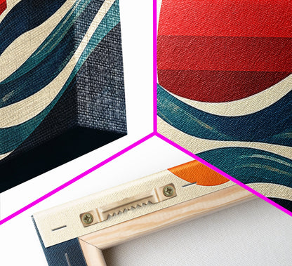 Retro Art Deco Sunset over The Ocean, Framed Canvas Print, Vector Image Style Artwork, Wood Frame, Boho / Eclectic Home Decor, Minimalist Decor