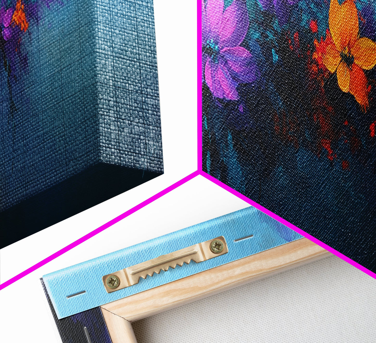 Purple and Orange Flowers on Navy Blue Background, Panoramic Framed Canvas Art, Oil Painting Print, Boho Style Wall Art, Dark Home Decor, Moody Art