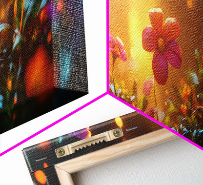 Beautiful 3D Rendered Flower Canvas Print, Wild Flowers In The Morning Dew at Sunset, Panoramic Extra Wide Wall Art