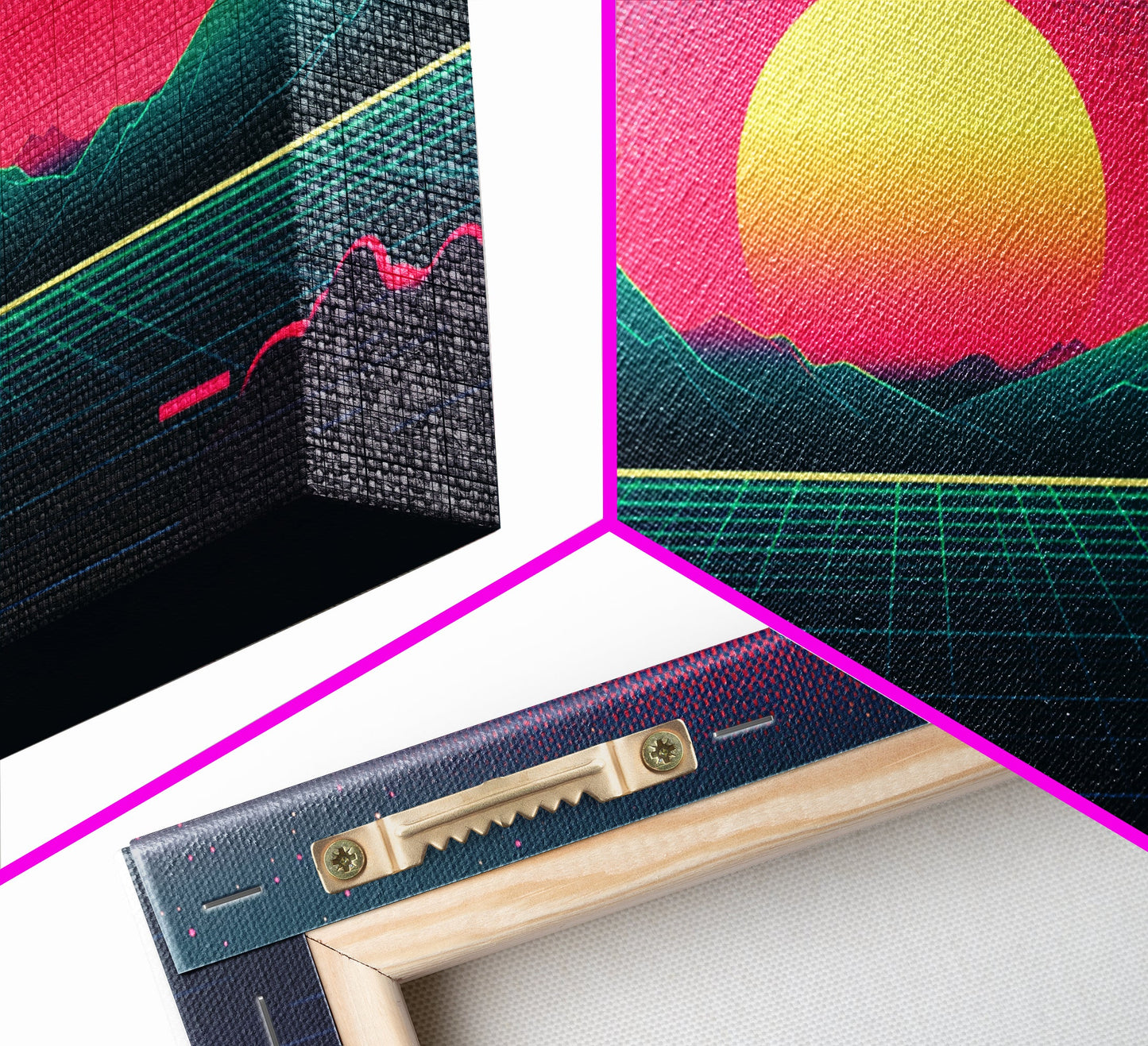 Synthwave Sunset Over The Mountains, Wireframe Art, Framed Canvas Print, Wire Frame Retro 1980s Style Wall Art