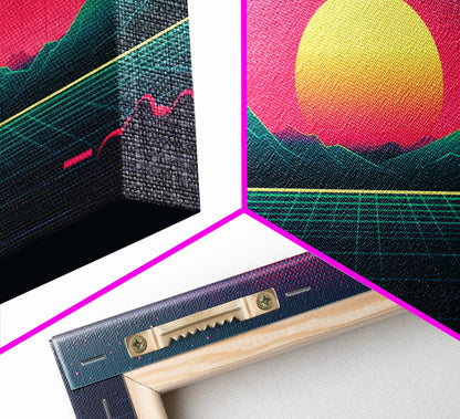 Synthwave Sunset Over The Mountains, Wireframe Art, Framed Canvas Print, Wire Frame Retro 1980s Style Wall Art