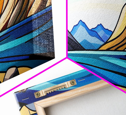 Retro Art Deco Landscape Print, Stained Glass Style Landscape Painting, Wood Framed Wall Art, Horizontal Art, Ultra Wide Panoramic Art