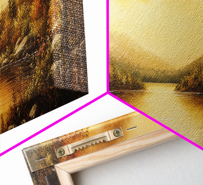 Sunset Over The Lake, Framed Canvas Print, Ultra Wide Wall Art, Panoramic Painting, Above Sofa Or Bed Wall Art, Home Decor, Calm Wall Art