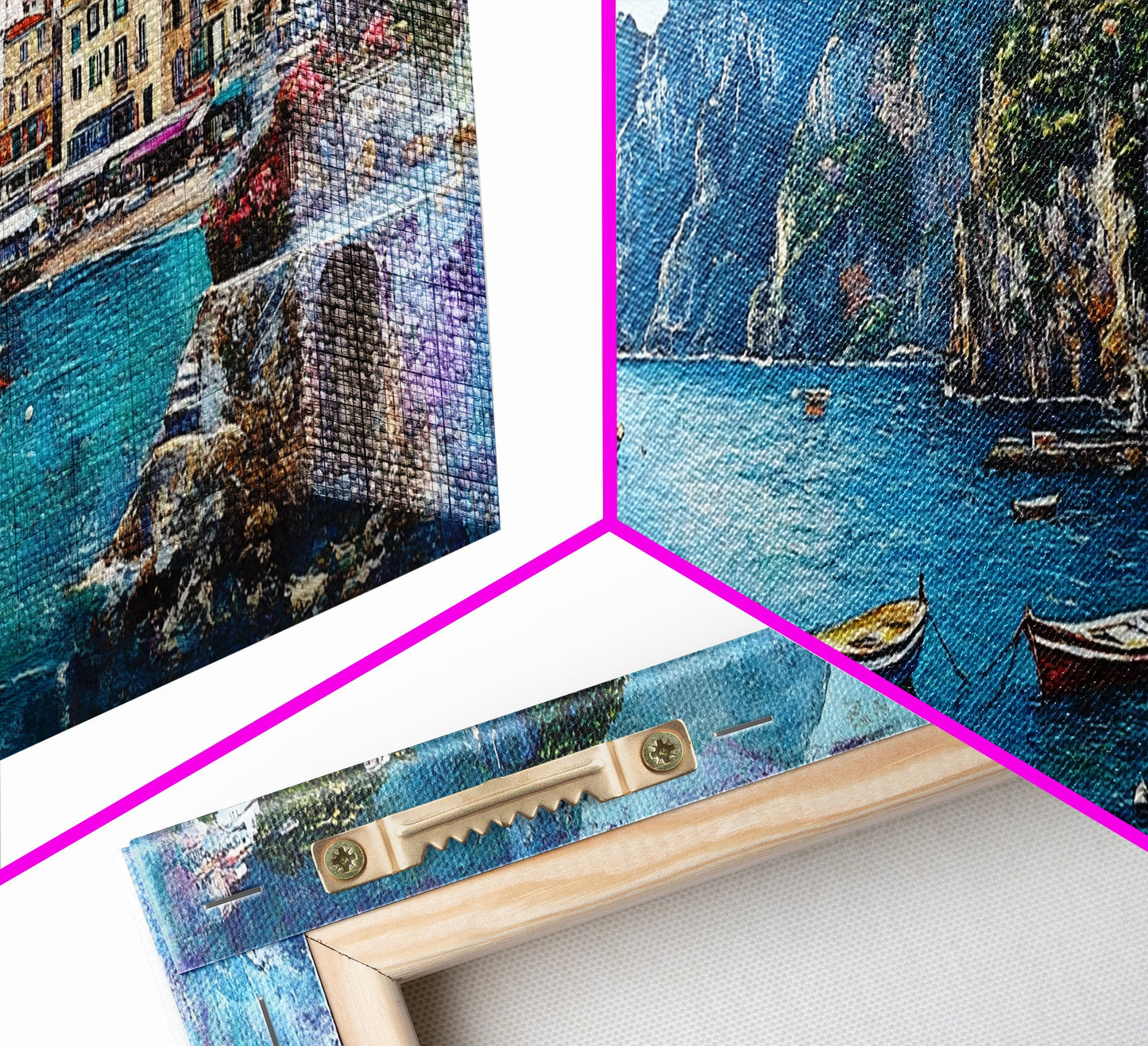 Italian Seaside, Framed Canvas Print, Italy In The Summer, Original Artwork Oil Painting Print, Gift Idea, Horizontal Wood Framed Panoramic Art