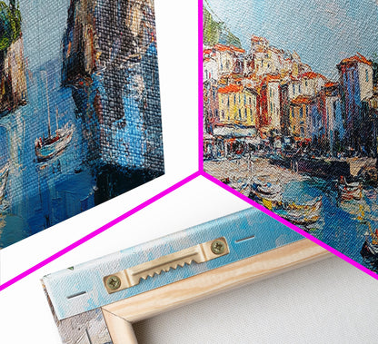 Muted Italian Fishing Village Painting Print, Boho Wall Art, Minimalist Style Panoramic Painting, Extra Large Oversized Wall Art, Home Decor / Gift Idea