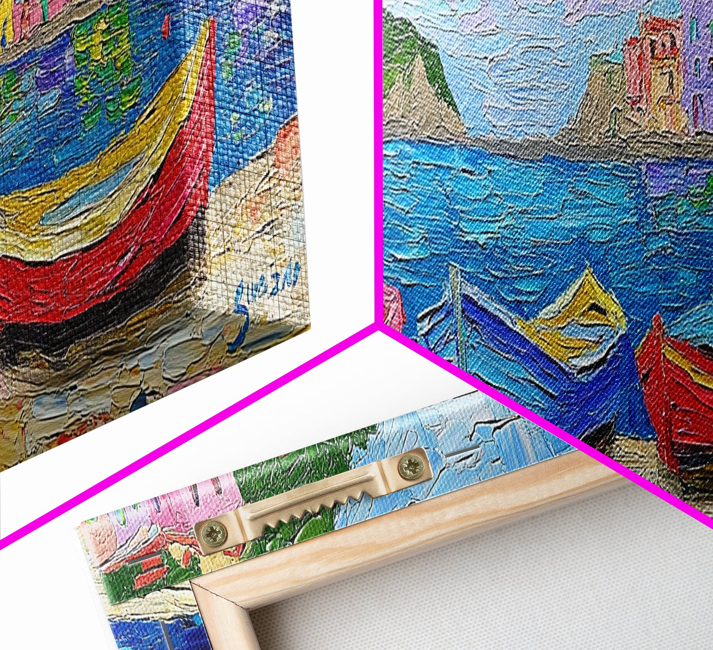 Pastel Row Boats in an Italian Fishing Village, Framed Canvas Print, Original Artwork, Retro Italy Painting, Impasto Style Print